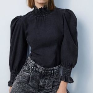 ZARA 80s ACID WASH BLACK SMOCKED CAROLINE TOP
